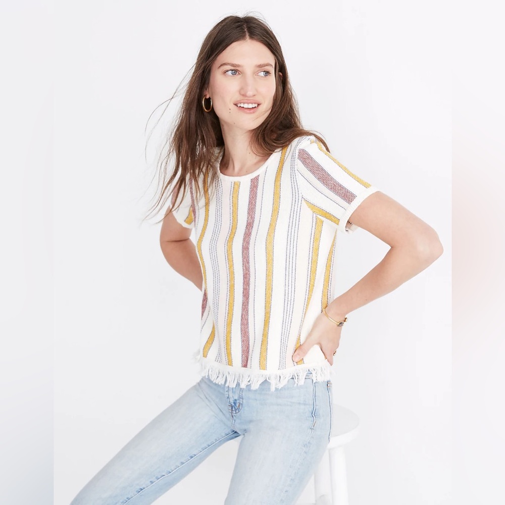 Madewell Blakley Stripe Sweater Tee Bohemian Boho White Blue Yellow Pink Shirt